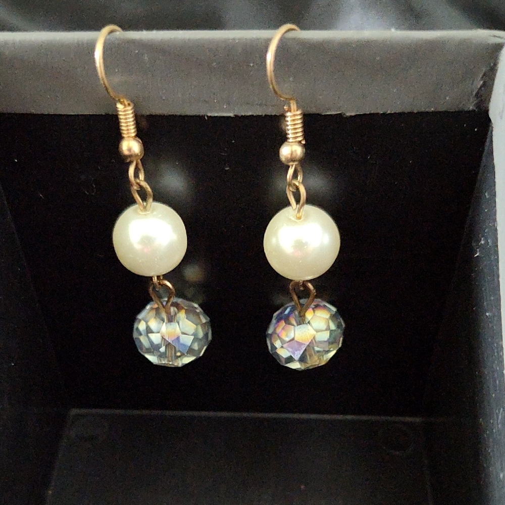 Glass Pearl and Iridescent Faceted Crystal Drop Earrings - Gold Tone
